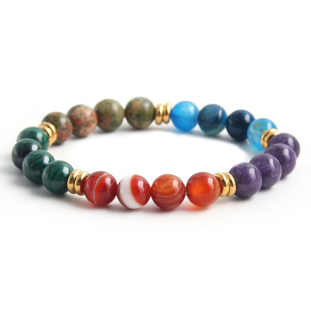 Red striped agate and amethyst and blue striped agate and flower green and malachite