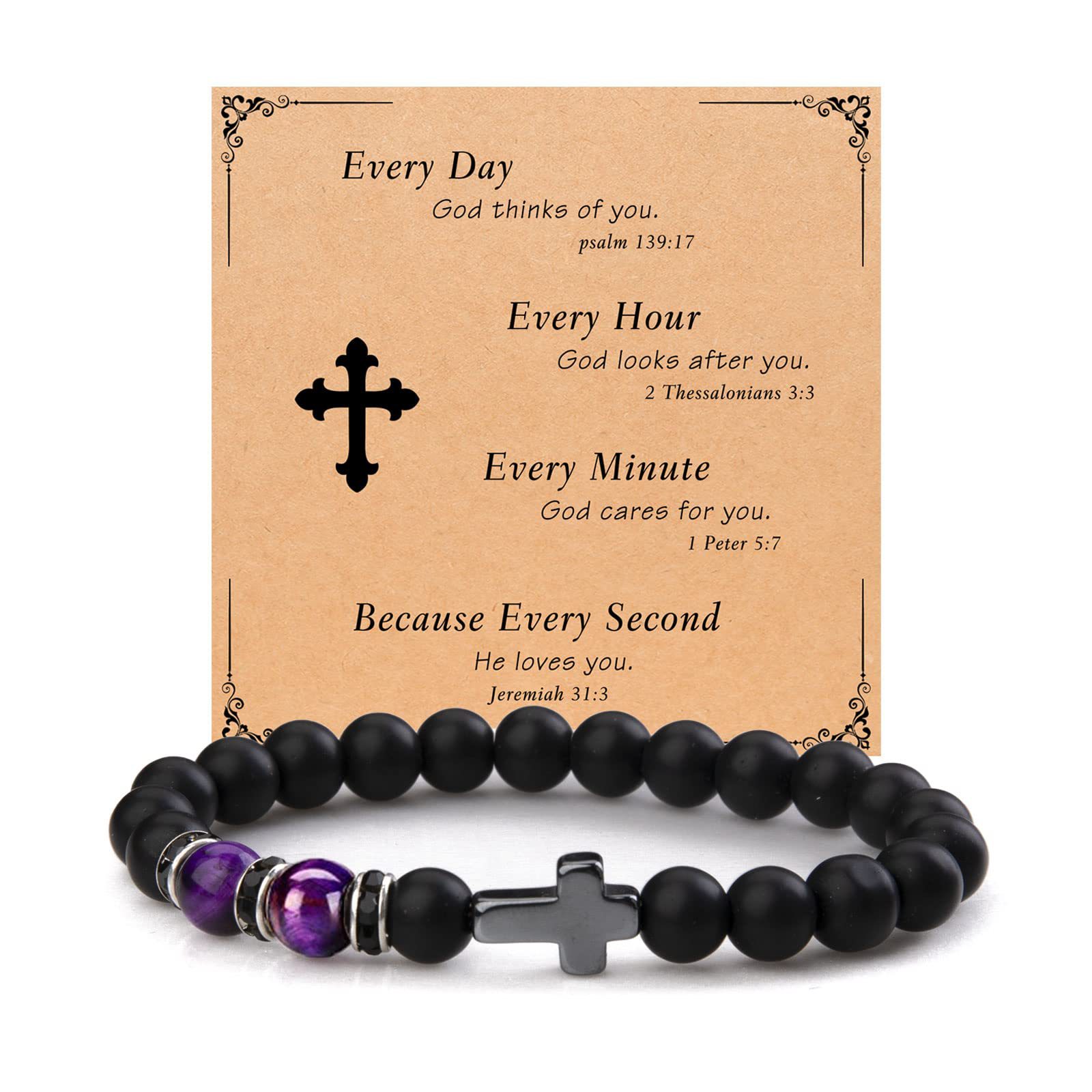 5:Purple tiger Eye frosted stone Black diamond circle Cross bracelet  Every Day God thinks of you card