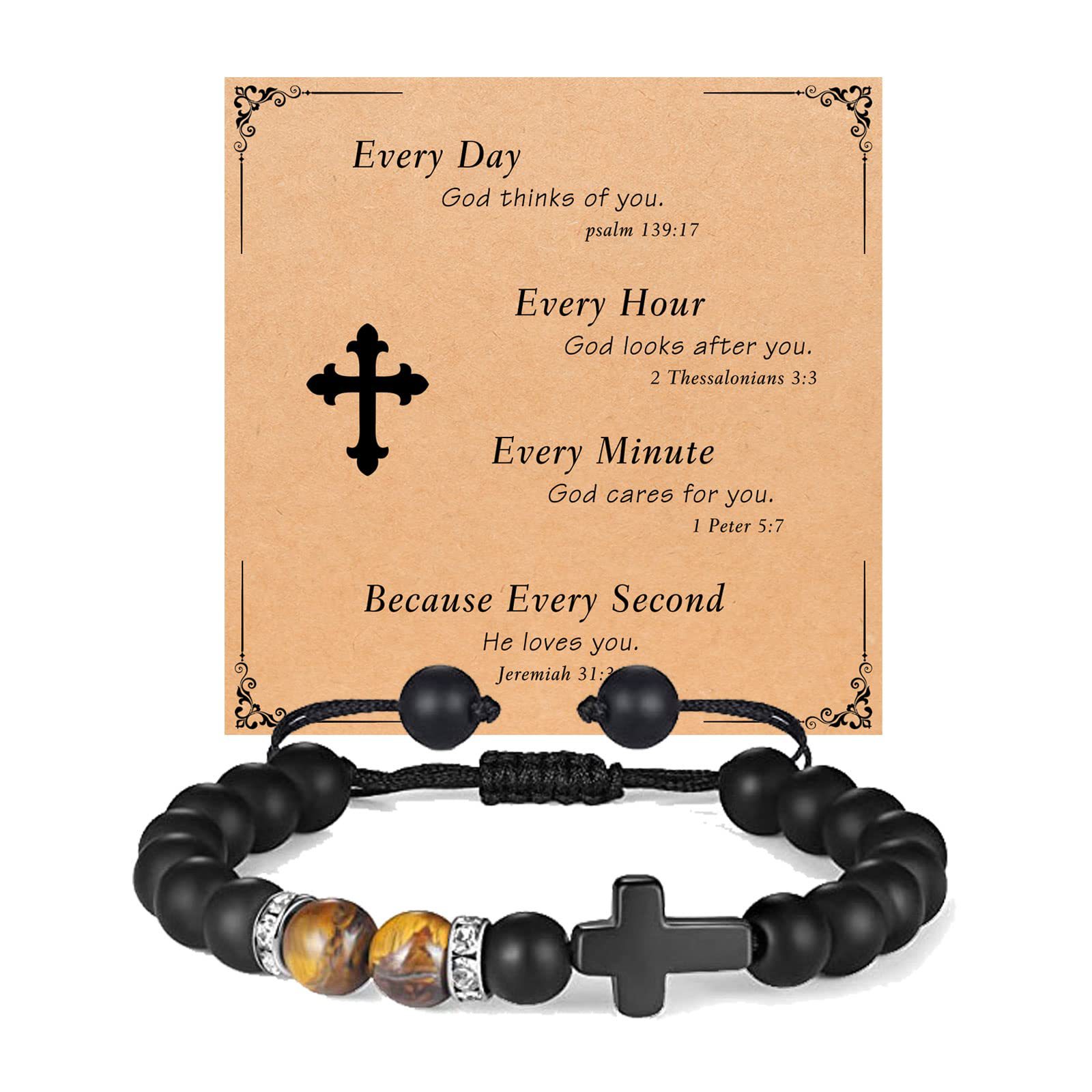 Tiger Eye Frosted stone white diamond circle Cross bracelet  Every Day God thinks of you card
