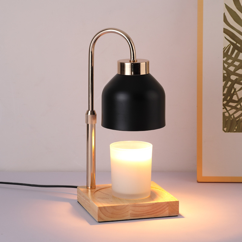 Black - cylindrical lamp shade   gold lifting rod   raw wood base   stepless dimming