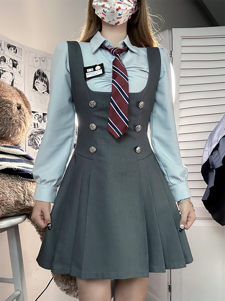 Blue long sleeve shirt   grey sundress   Free red striped tie (leather name tie)