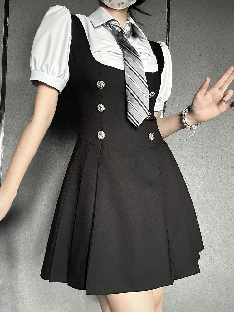 Short sleeve shirt   black strap skirt   grey tie   leather name tie