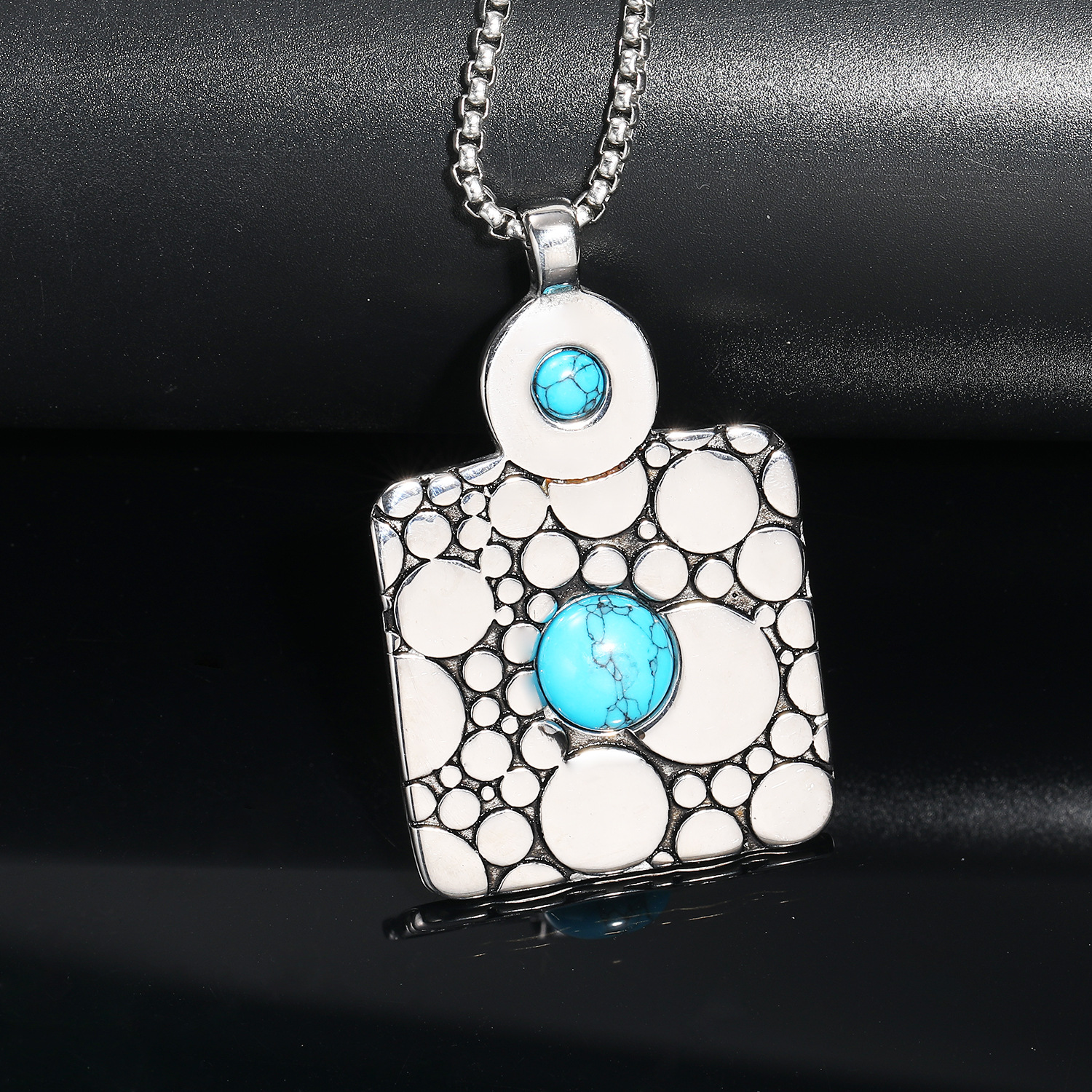 Steel blue turquoise pendant   steel 60CM square pearl chain