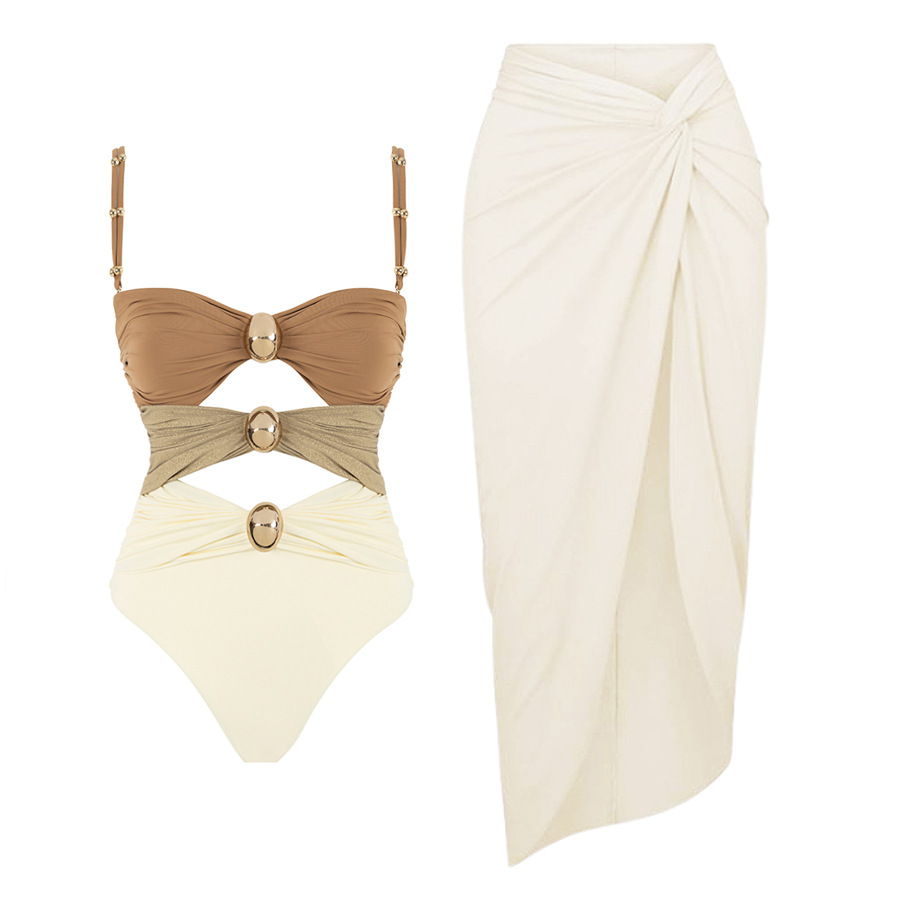 Brown matching swimsuit white skirt suit