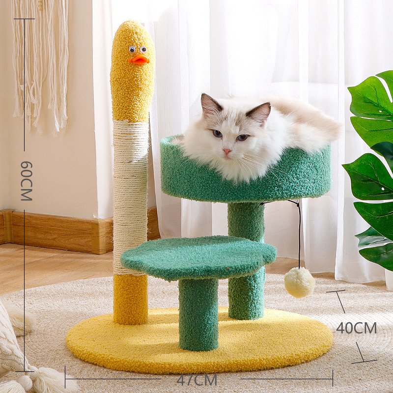 Yellow duck cat holding cat scratching board