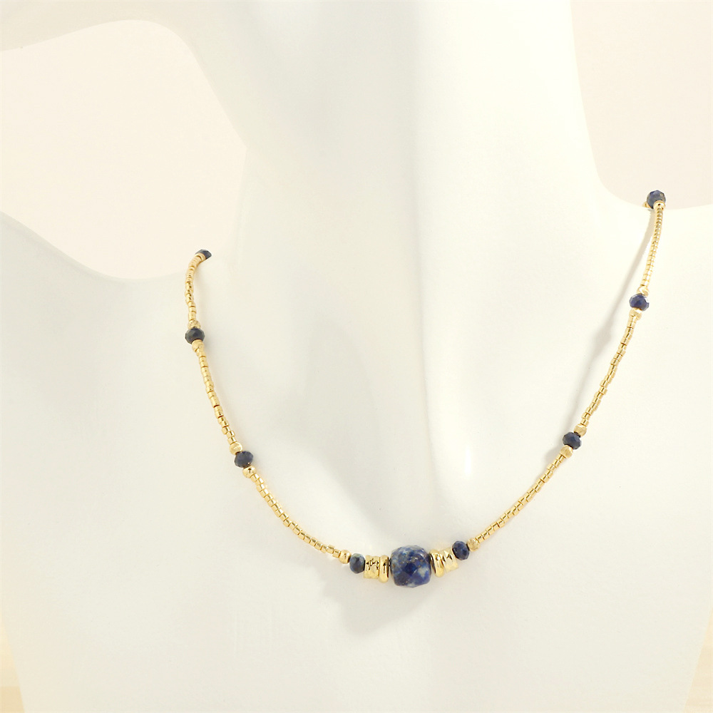 Rice bead blue stone necklace 40x5cm