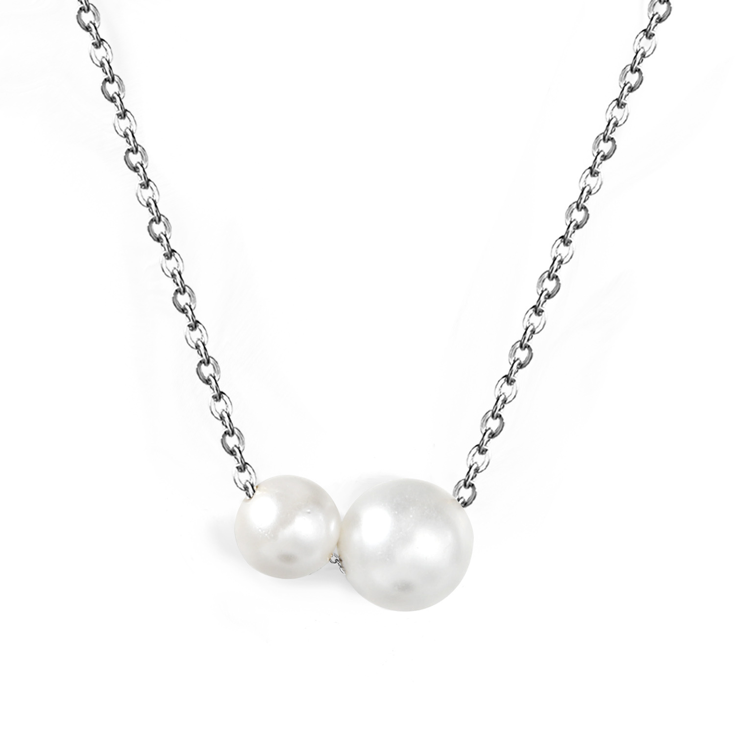 2 size white pearl necklace steel color