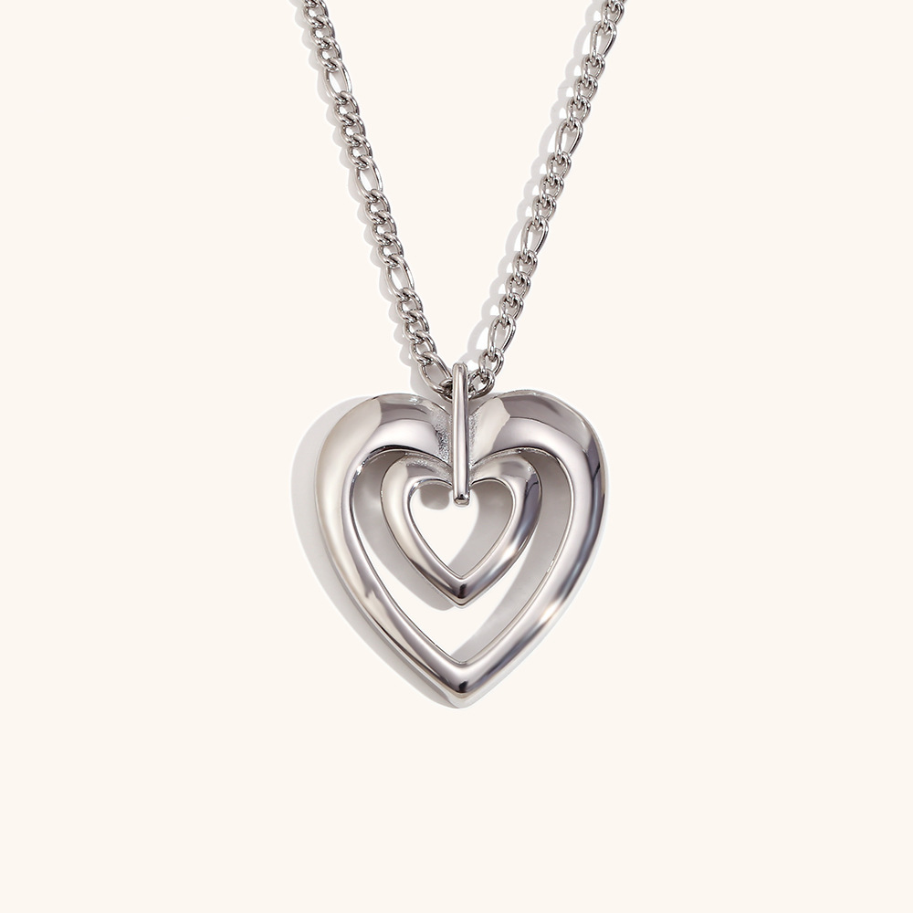 Double hollow heart pendant necklace - steel color