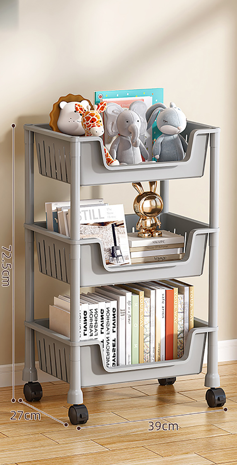 CW42Q- Hollowed out large bookcase full deep basket 3 layers of grey   universal wheel