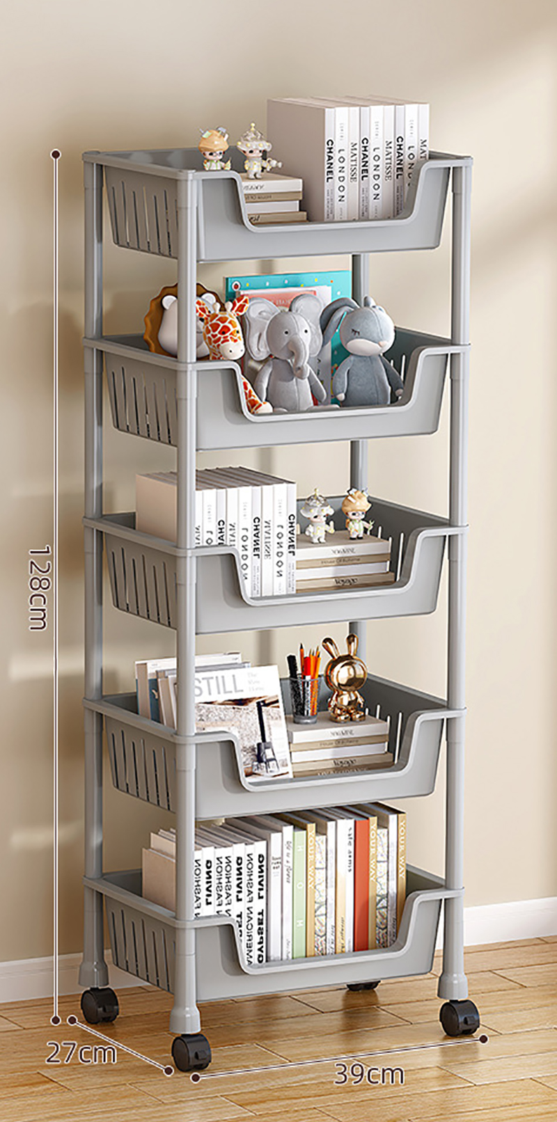 CW44Q- Hollowed out large bookcase full deep basket 5 layers of grey   universal wheel