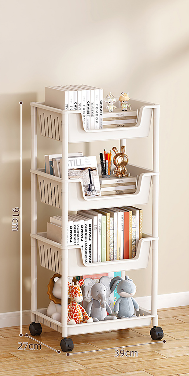 CW47B- Hollowed out large bookcase 3 baskets 1 board 4 layers white   universal wheel