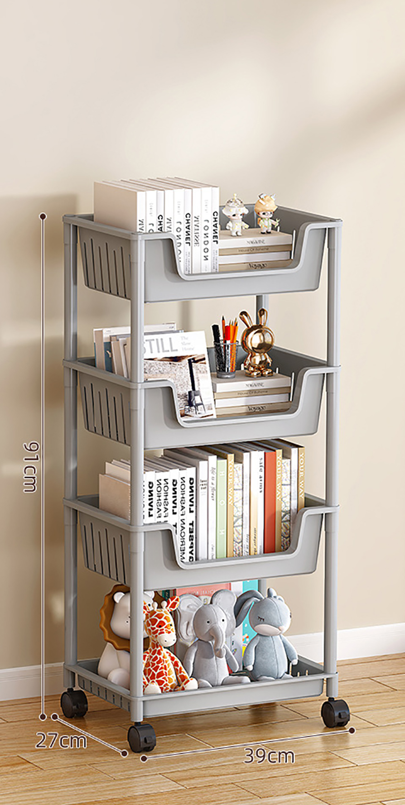 CW47Q- Hollowed out large bookcase 3 baskets 1 plate 4 layers of gray   universal wheel