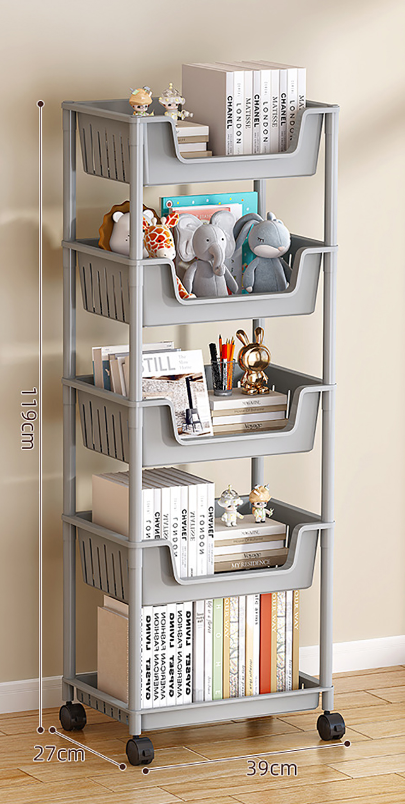 CW48Q- Hollowed out large bookcase 4 baskets 1 plate 5 layers of grey   universal wheel