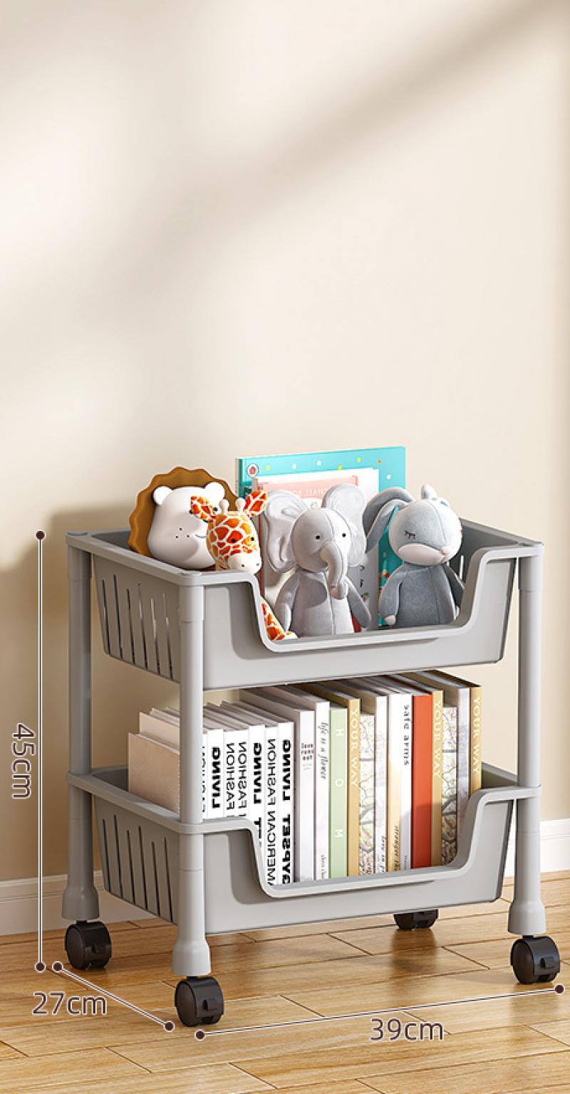 CW41Q- Hollowed out large bookshelf full deep basket 2 layers of gray   universal wheel