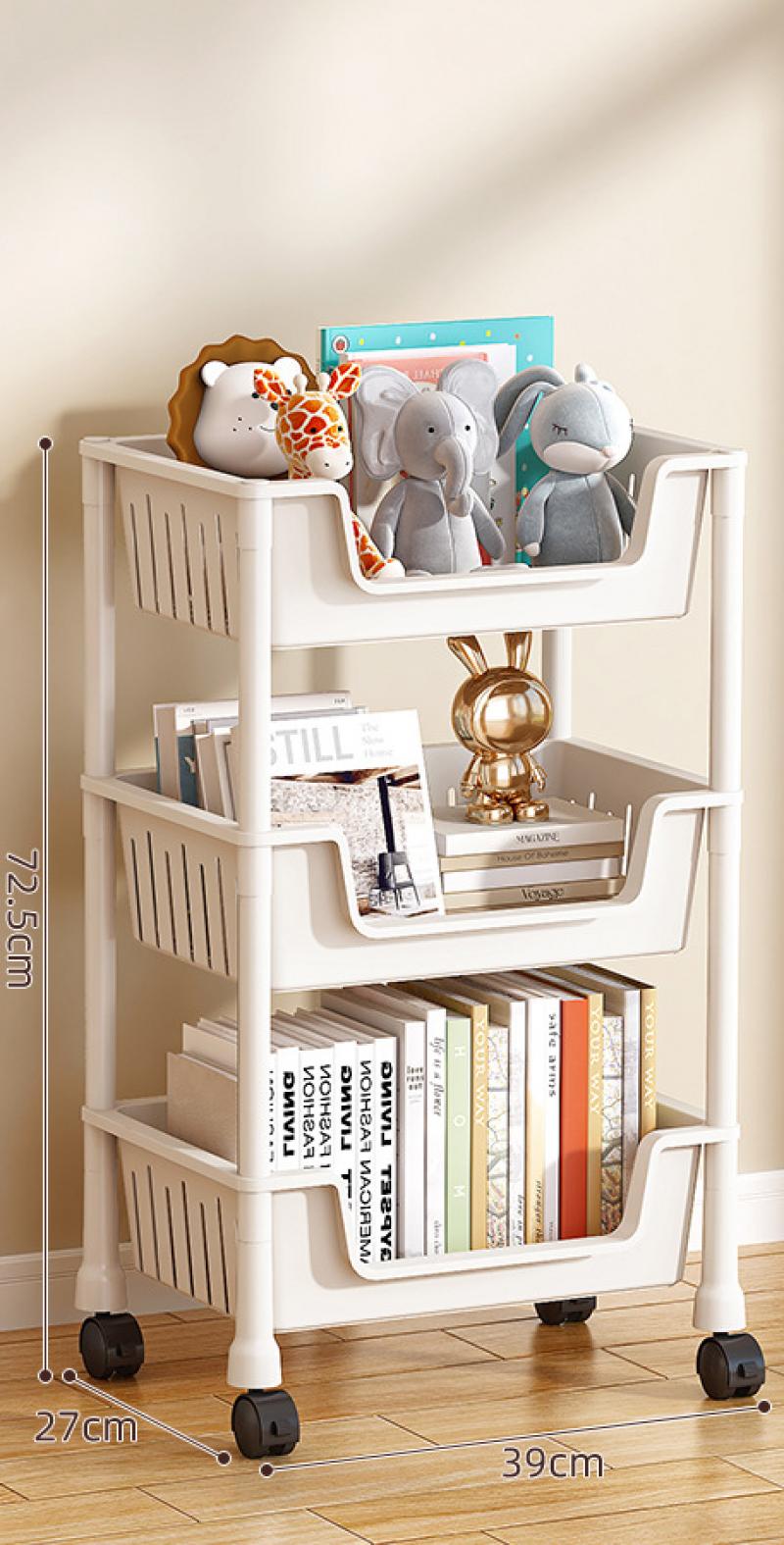 CW42B- Hollowed out large bookcase full deep basket 3 layers white   universal wheel