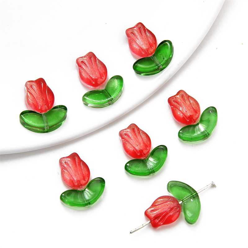 1:Flowers approx 4x10x8.5mm- Leaves approx 4x6.5x14mm- Aperture approx 0.8mm- red - leaves   flowers in a set of -10