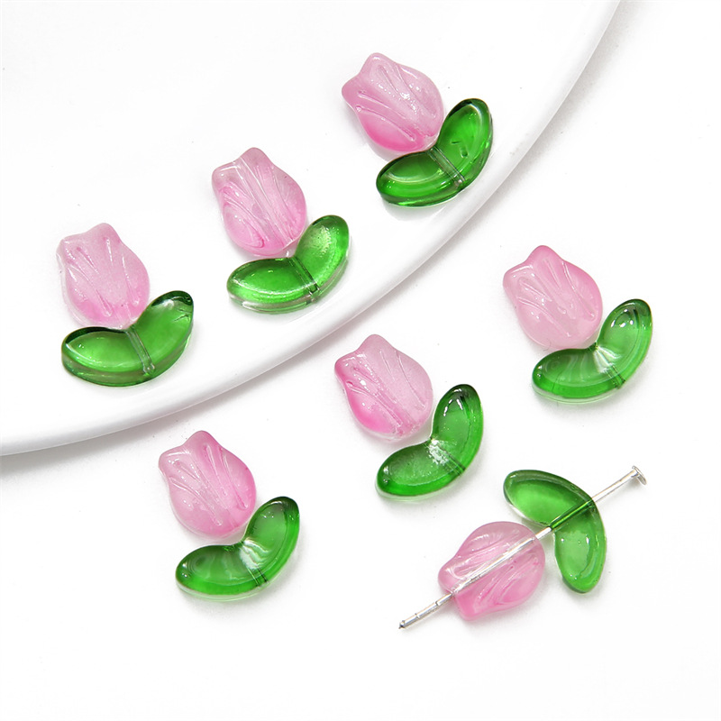5:Flowers approx 4x10x8.5mm- Leaves approx 4x6.5x14mm- Aperture approx 0.8mm- Rose red - leaves   flowers in a set of -10