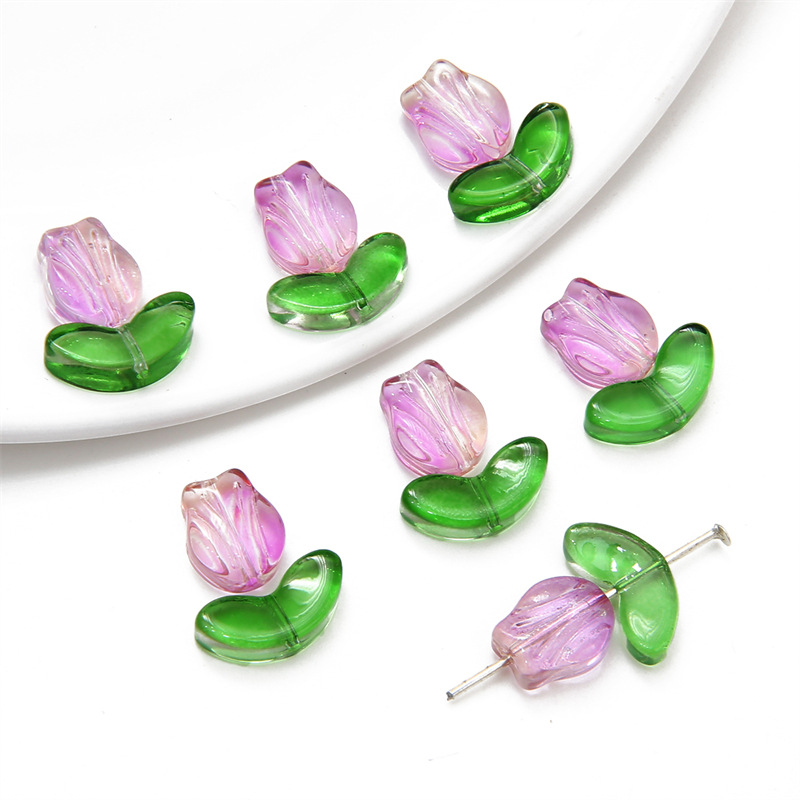 6:Flowers approx 4x10x8.5mm- Leaves approx 4x6.5x14mm- Aperture approx 0.8mm- Purple - leaves   flowers in a set of -10