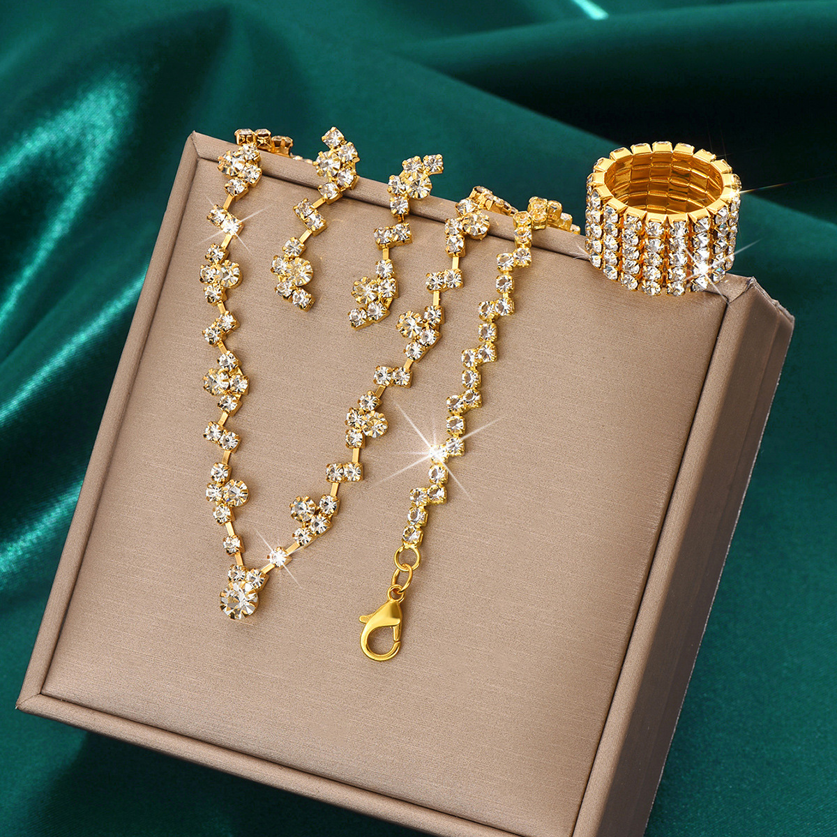 424785424-5 Gold necklace earrings bracelet ring set