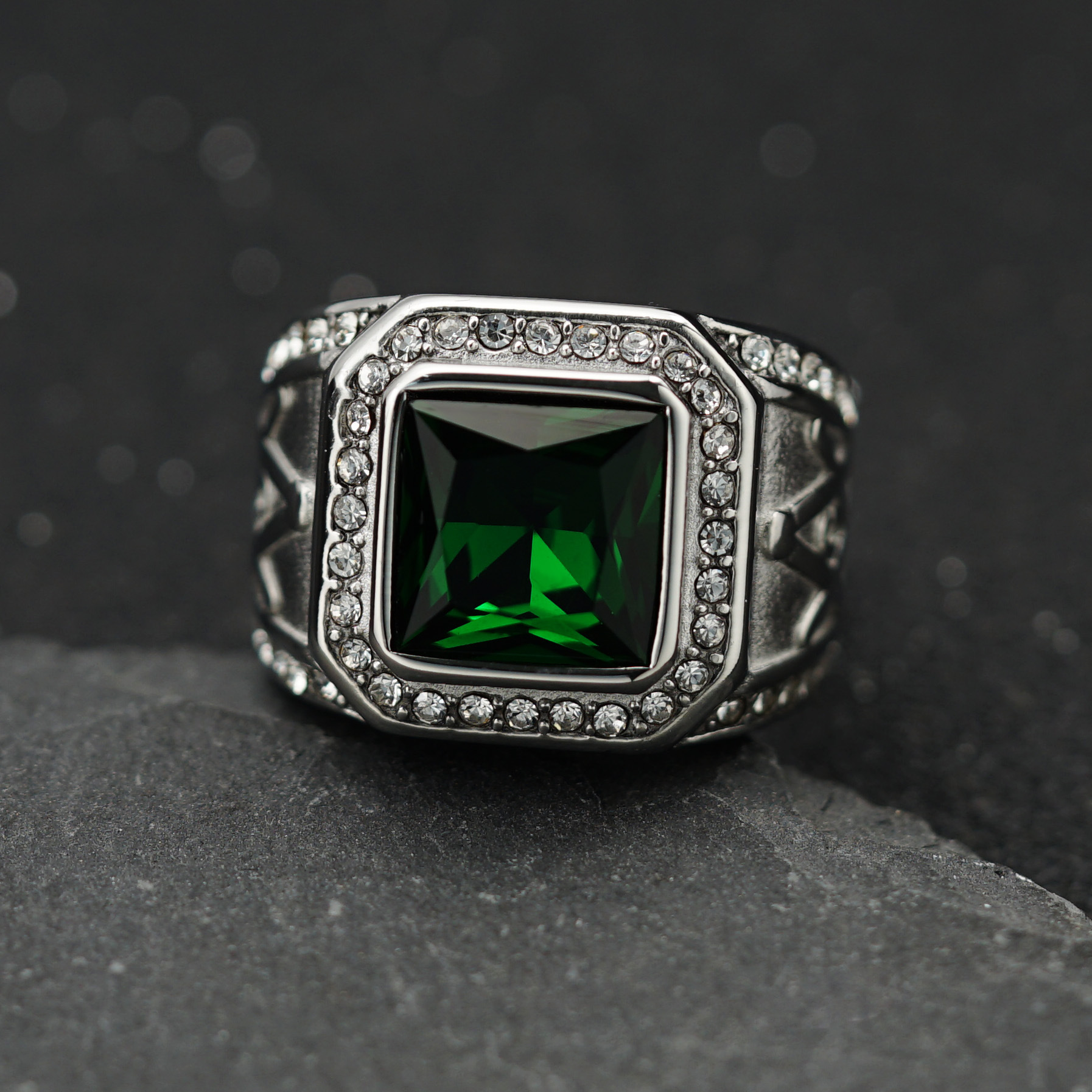 Steel color   green stone