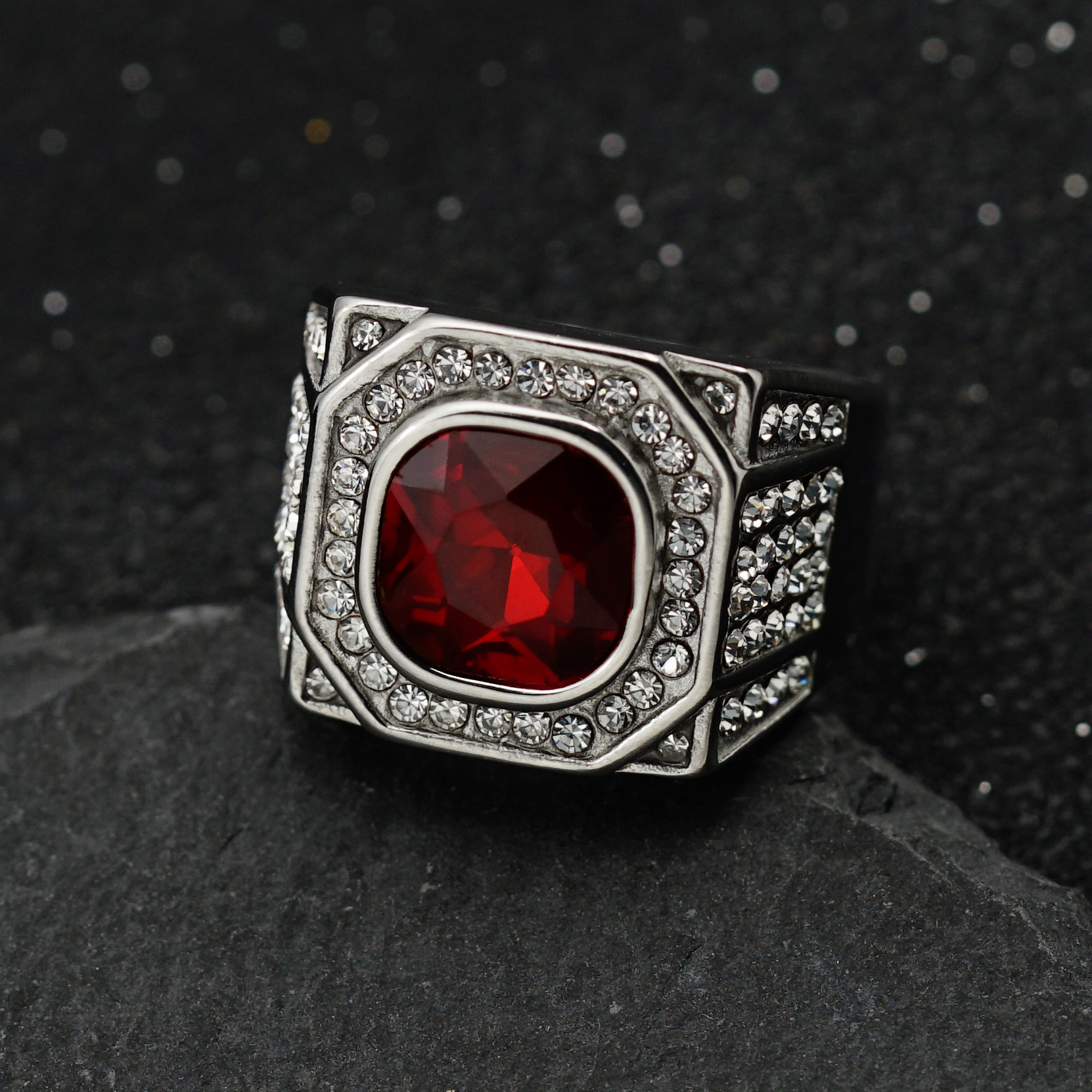 Steel color   red stone US Size #7