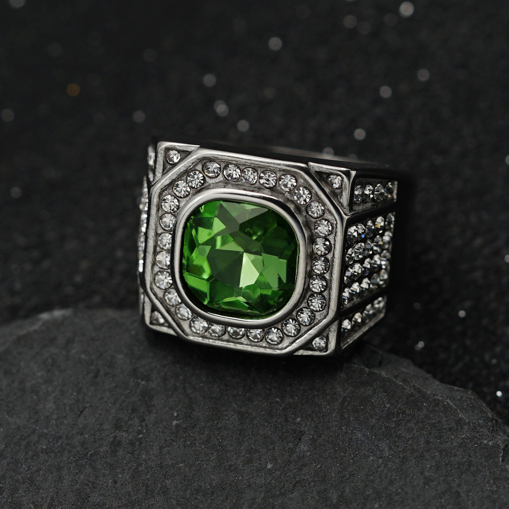 Steel color   green stone