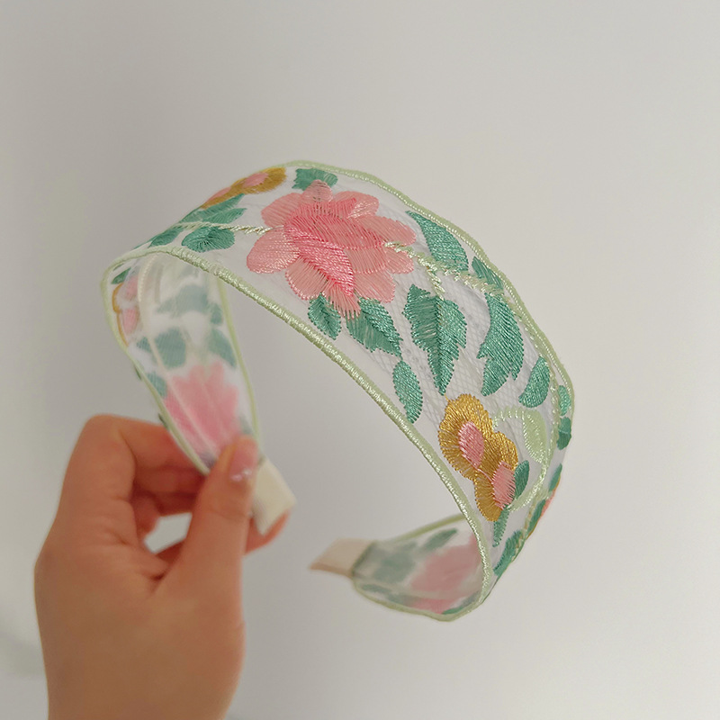 Green and pink embroidery wide edge headband