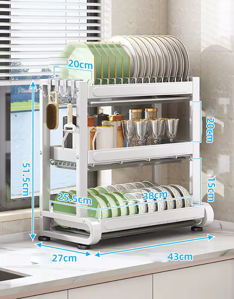 Matte white countertop dish rack 2 layers 55cm  chopsticks rack   cutting board rack  4 hooks