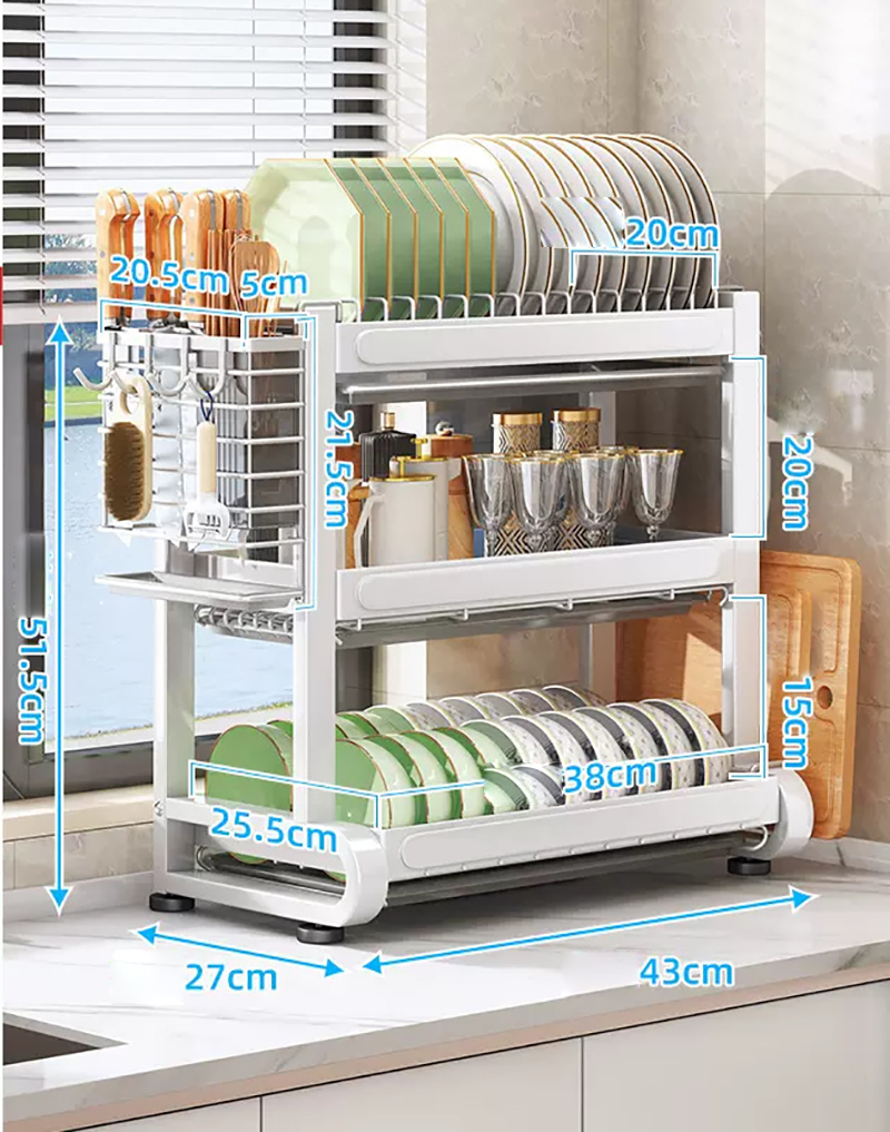 Matte white countertop dish rack 3 layers 43cm  chopsticks rack   cutting board rack  4 hooks