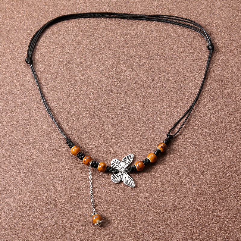 Vintage brown fringe butterfly necklace