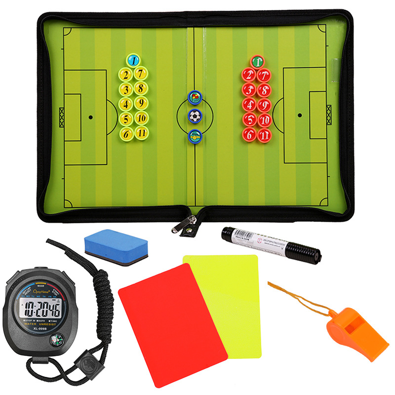 Football tactics board   referee whistle   stopwatch   red card and yellow card