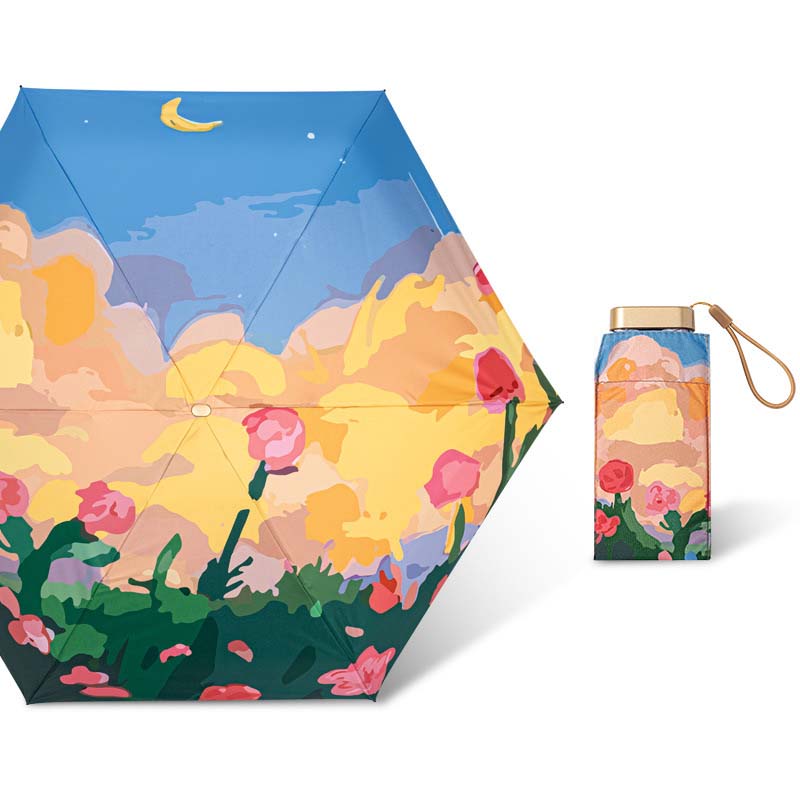 Titanium six fold flat umbrella under the Moon Rose (ultra-light portable)