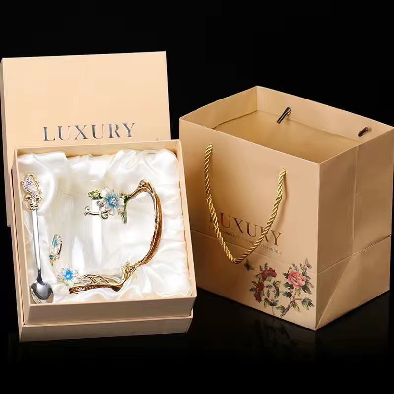 Butterfly chrysanthemum blue high single cup   spoon gift box