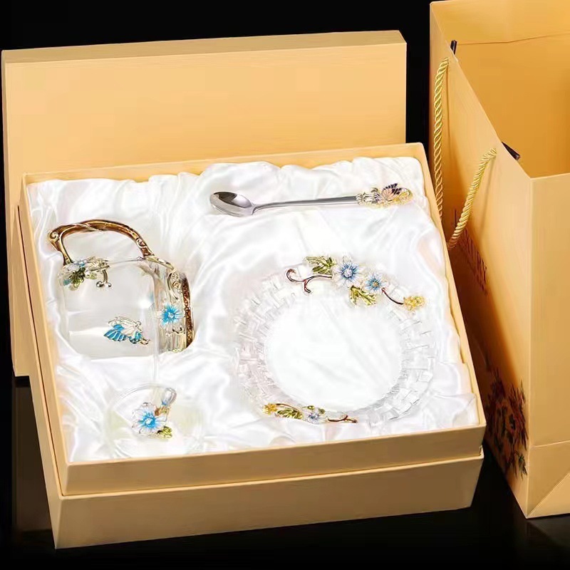 Butterfly chrysanthemum blue short single cup   scoop lid tray gift box