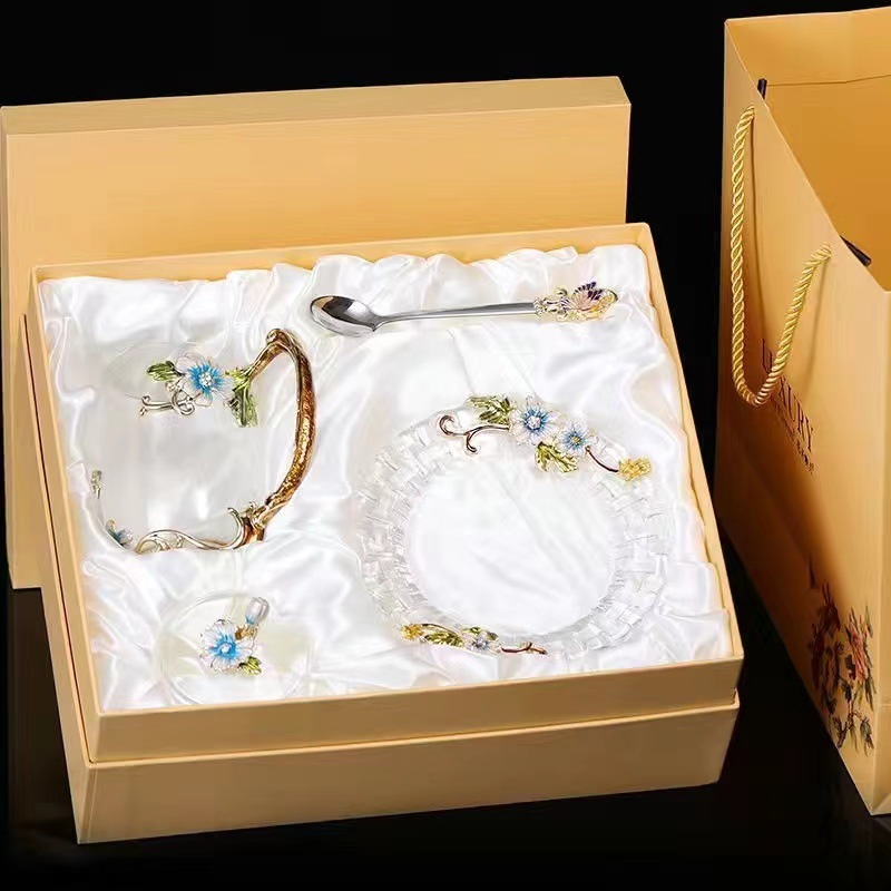 Butterfly chrysanthemum blue high single cup   scoop lid tray gift box
