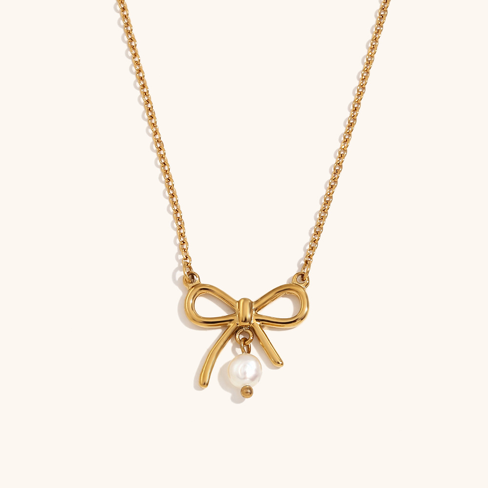 5:Freshwater pearl simple bow pendant necklace