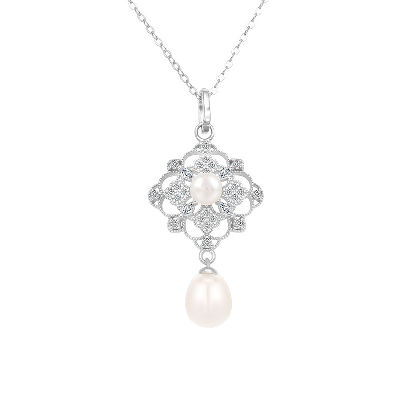 Pendant (including chain) - White Gold - Pearl -40x5cm