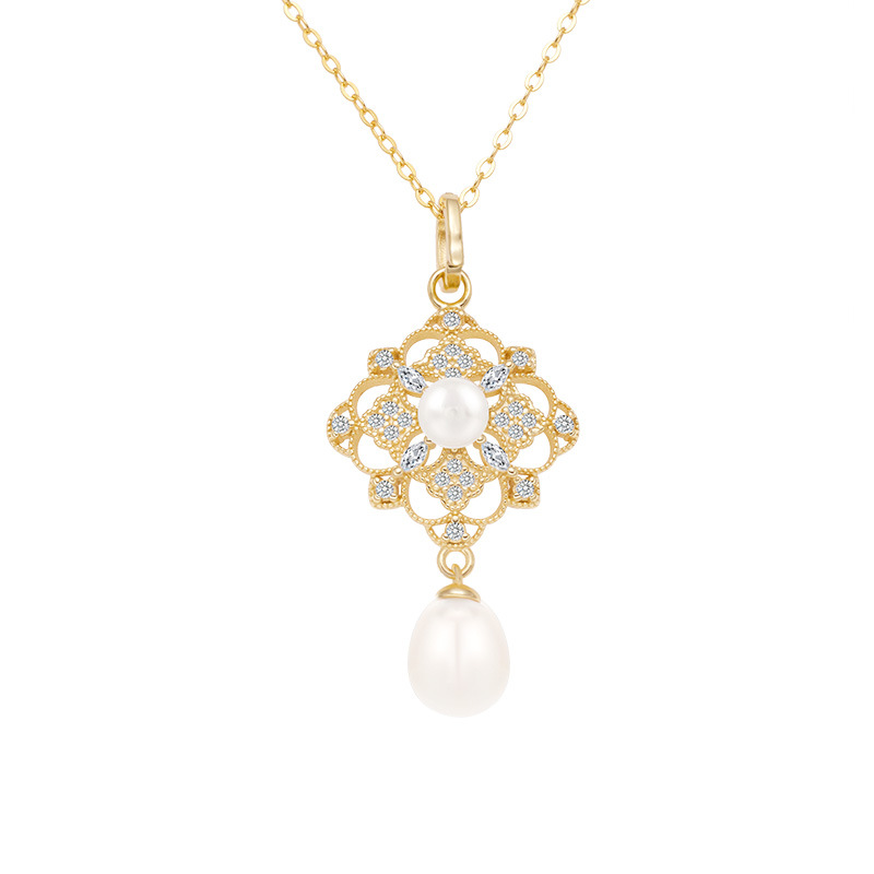 Pendant (including chain) - Yellow gold - Pearl -40x5cm