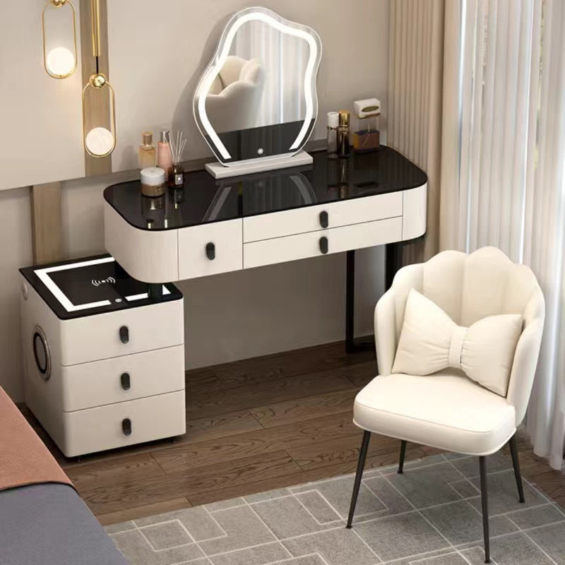 Black glass 100 table   black glass cabinet   cloud mirror   petal chair