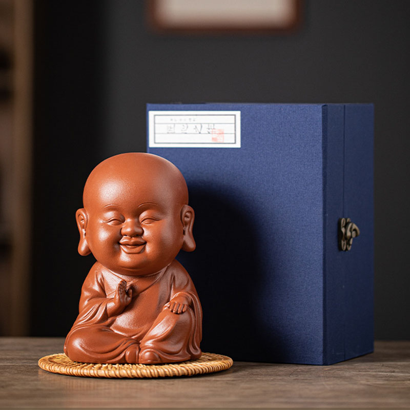 Big Head monk (red mud)rattan mat gift box