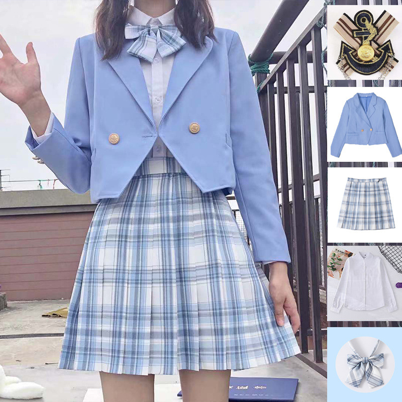 Undying Sichuan check skirt   baby blue suit one button   shirt collar   chain badge