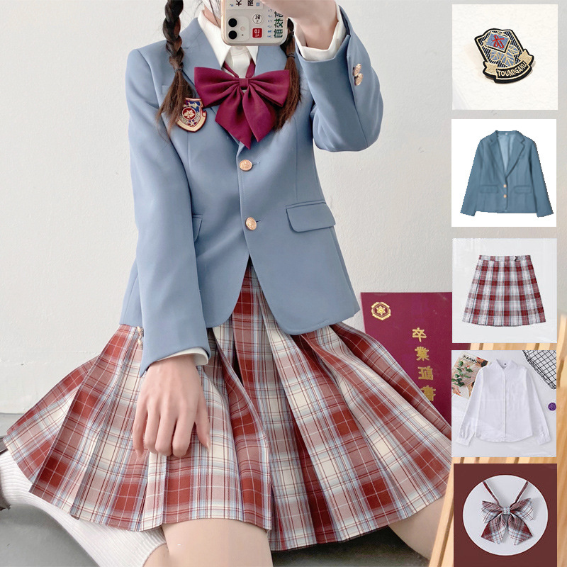 Goldfish Kiel skirt   fog blue suit 2 buttons   shirt collar   embroidered badge