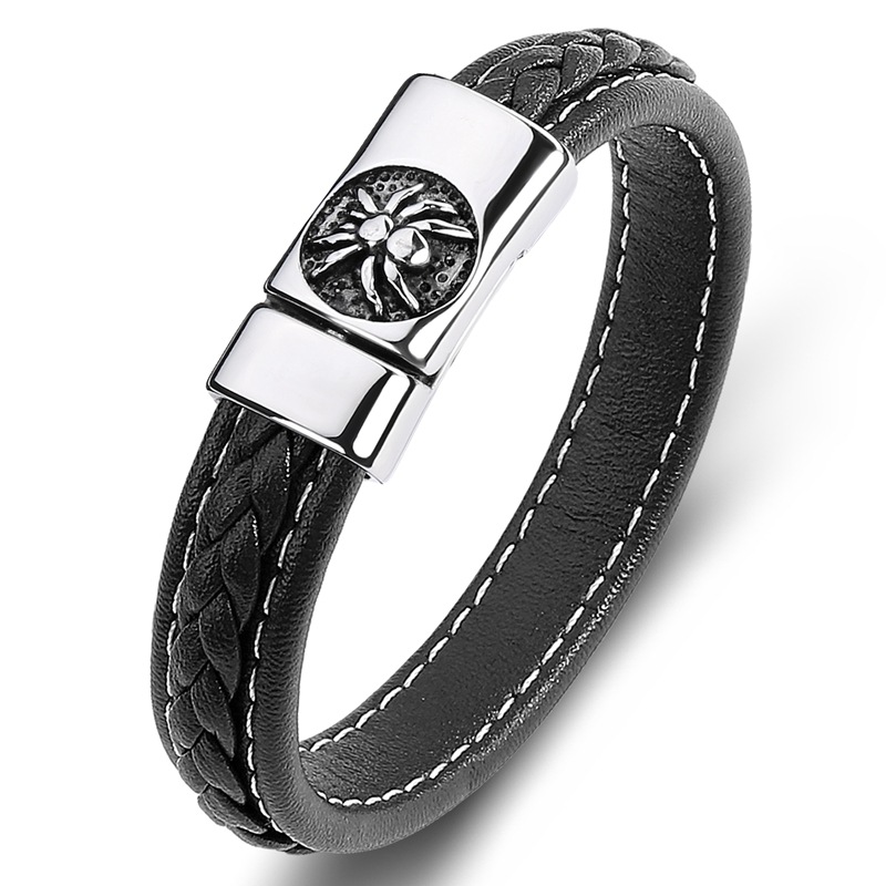 A black leather [steel color]