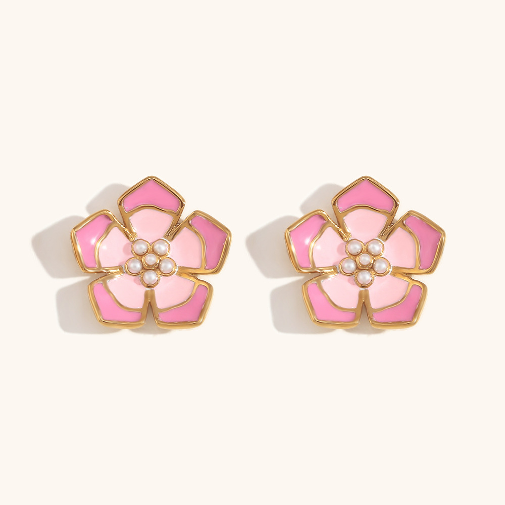 Stud earrings - Gold - Double pink