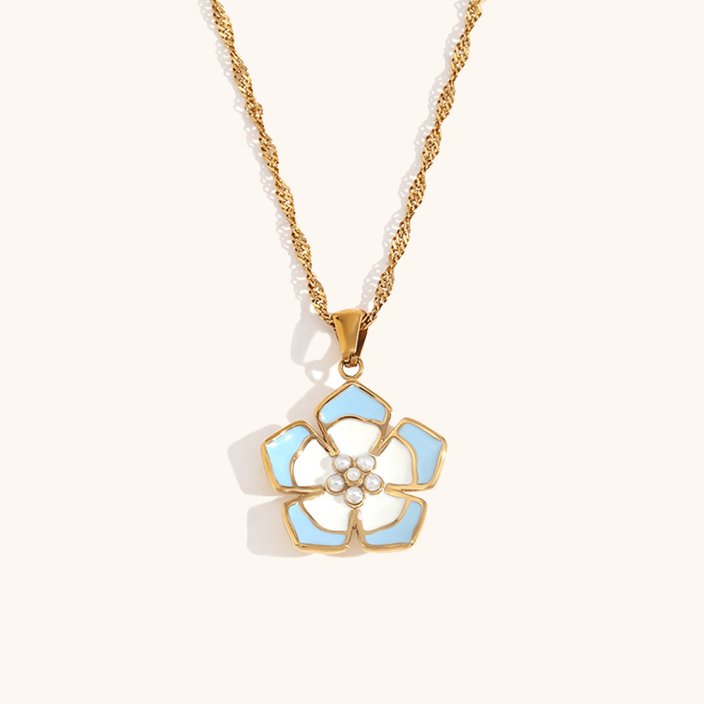 Necklace - Gold - blue and white