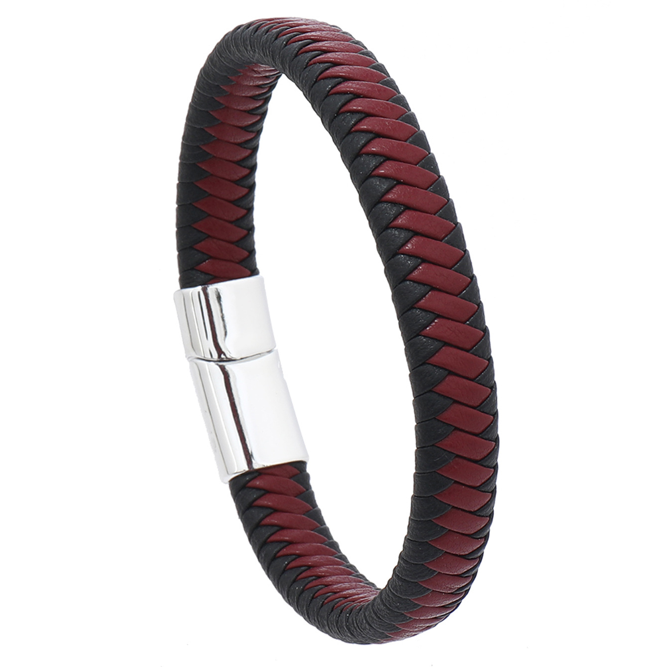 Black and red leather and white buckle