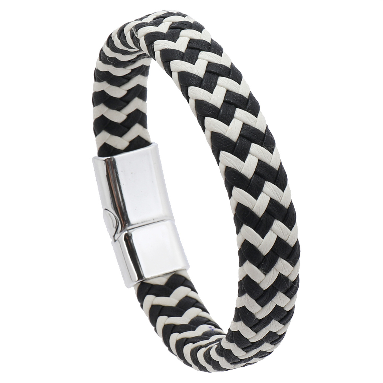 Black and white leather and white buckle