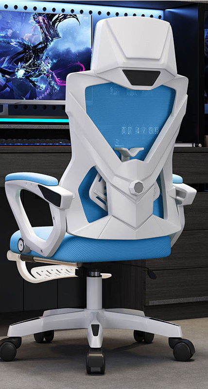 [White frame and blue net] Waist support is adjustable/can lie down/has foot rest