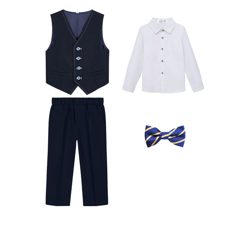 Navy Blue 4-piece set (Long sleeve shirt , vest , trousers and bow tie)