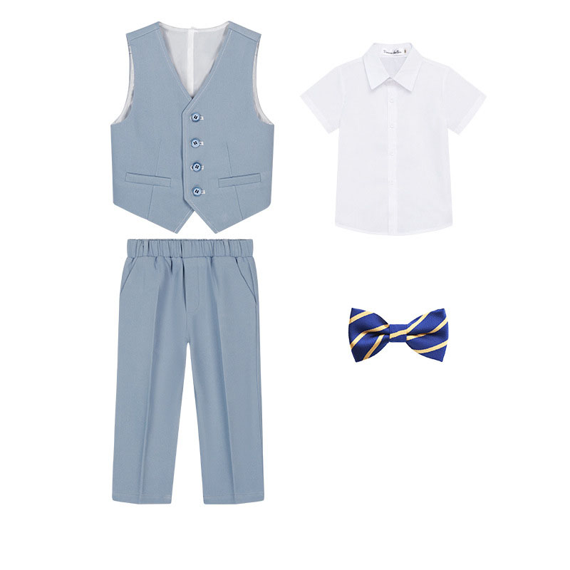 Grey Blue 4-piece set (Short sleeve shirt , vest , trousers and bow tie)